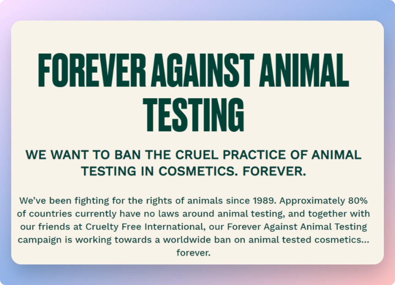 BodyShop Forever Against Animal Testing mission page promoting the brand's social responsibility campaign