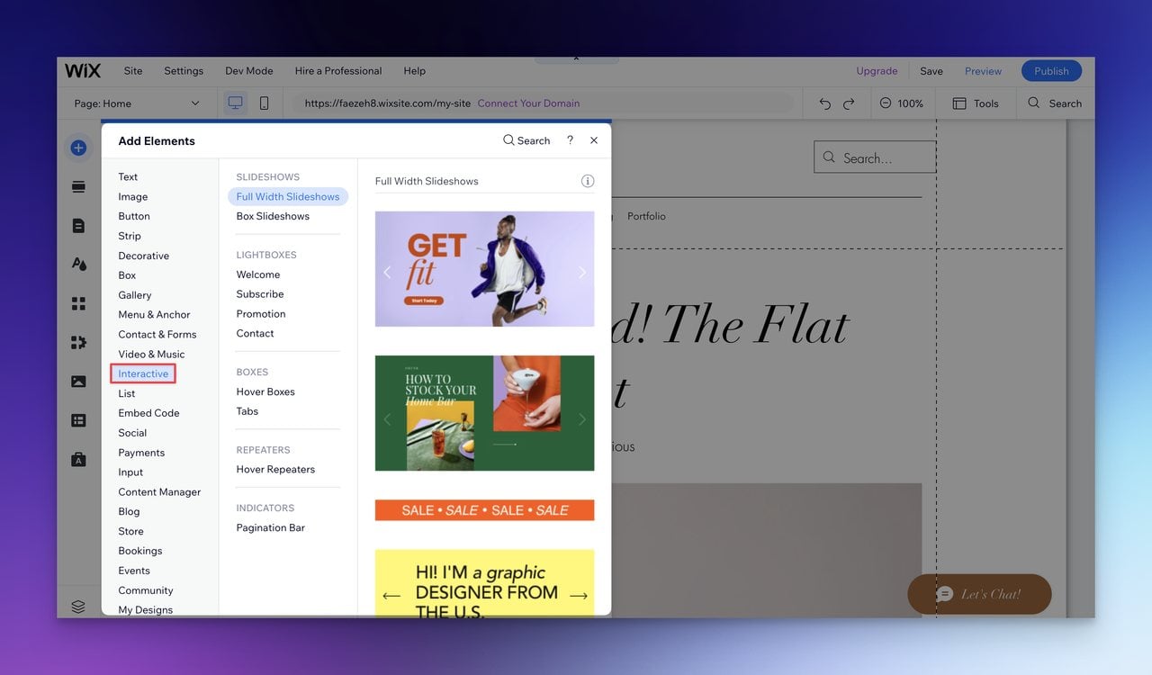 Wix Editörü'nde pop-up oluşturmak için öğe ekleme>Öğeler Ekle>Etkileşimli