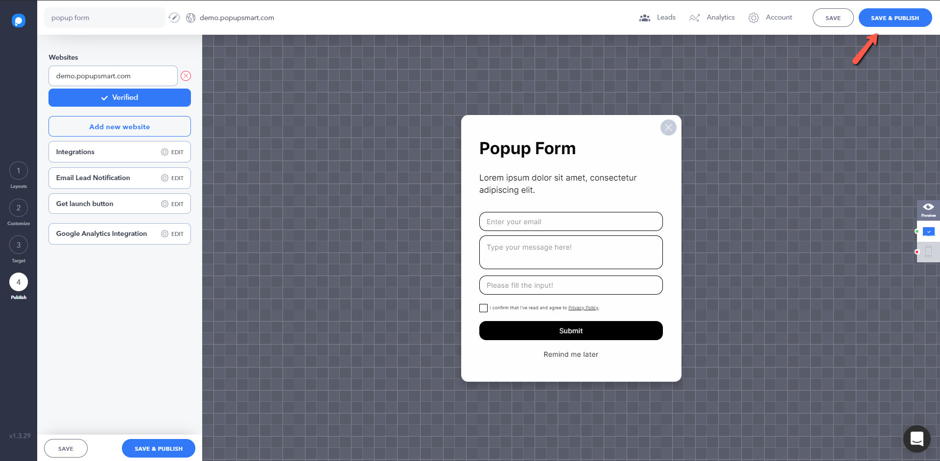 pop-up oluşturucu yayınla düğmesi