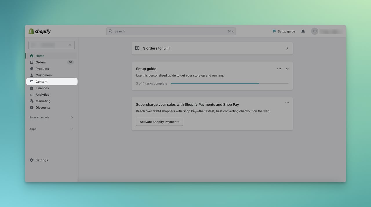 Shopify'de sol kenar çubuğunda içerik sekmesini seçmek