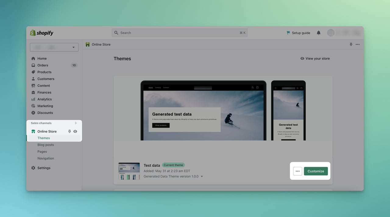 Shopify'de "özelleştir" temasının vurgulanması