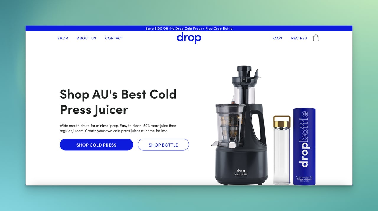 Üst katmanda ürün tanıtımıyla Drop Bottle anasayfası