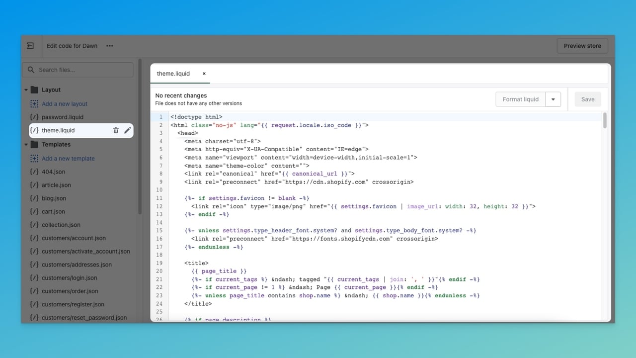 Shopify code editor showing the theme.liquid file for adding share button code
