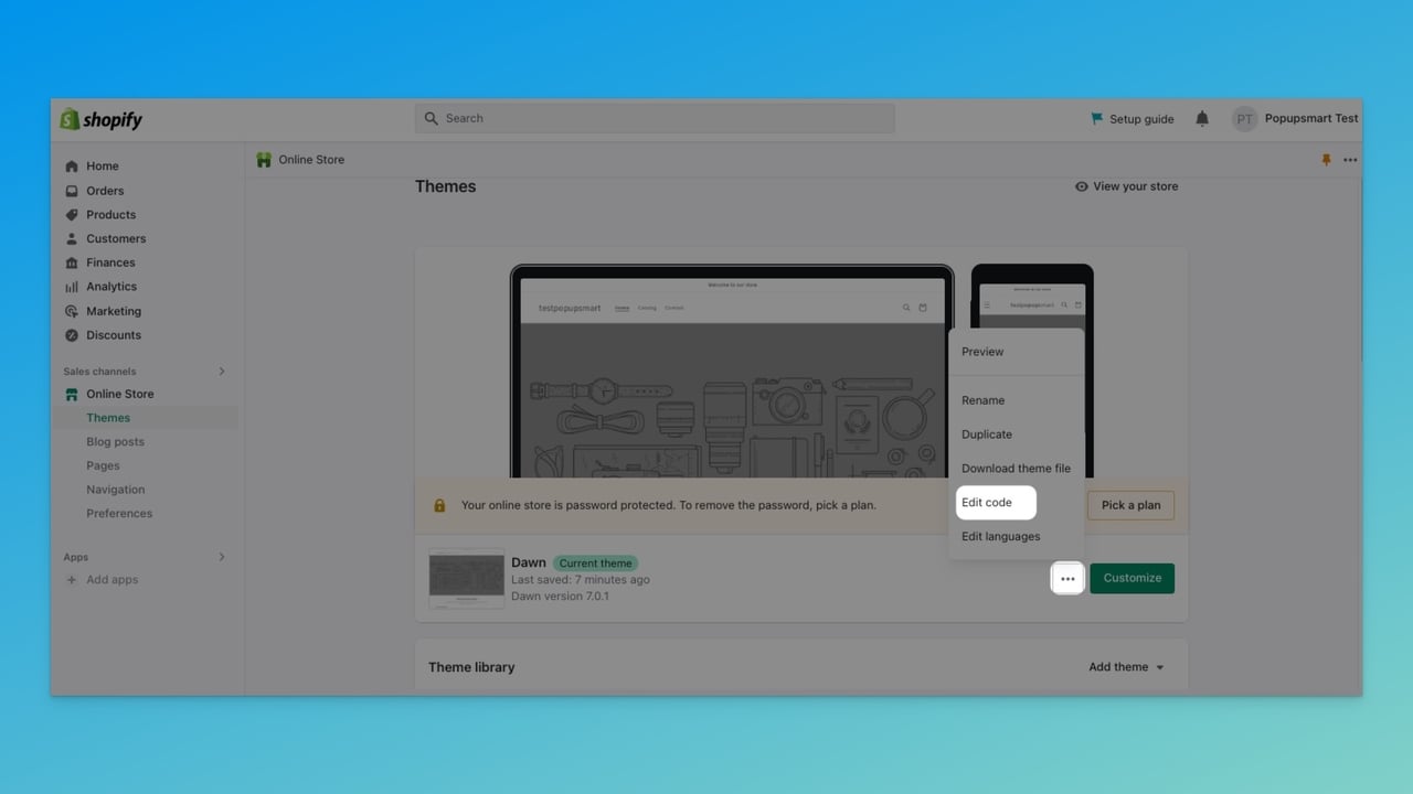 Shopify theme dropdown showing the Edit code option