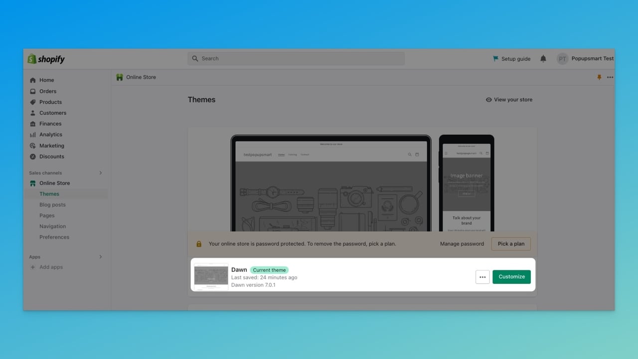 Shopify admin showing the active theme selection for customization