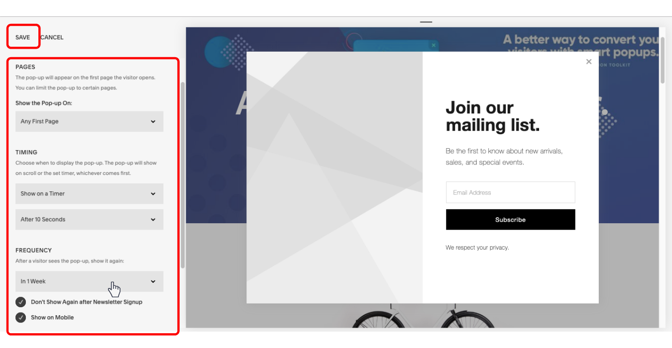 Set the image and timing in your Squarespace pop-up window