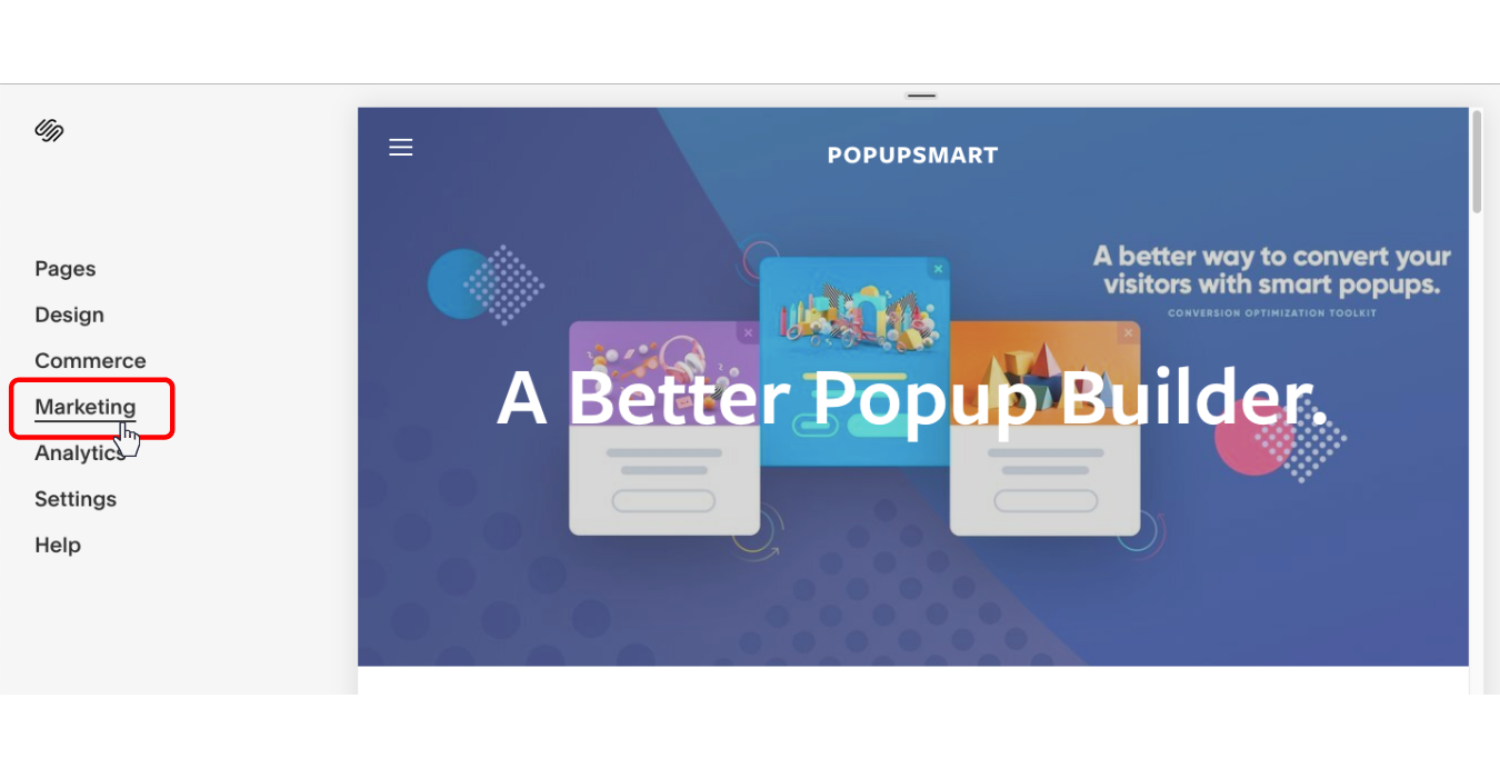 Marketing tab on the Squarespace website