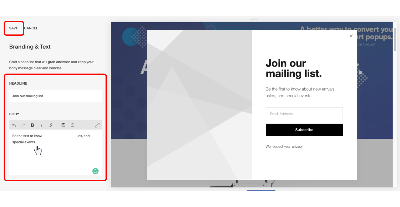 How do you change the text in your Squarespace pop-up window?
