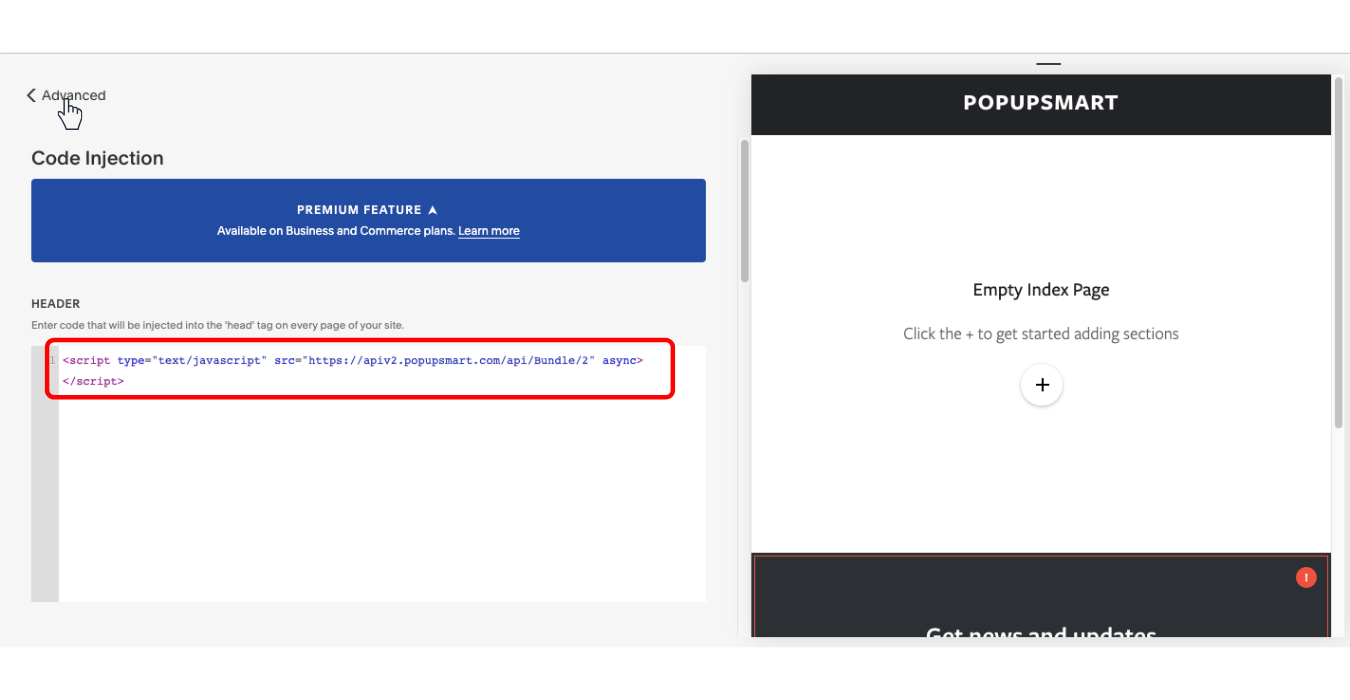 Where you need to paste your popup code on your Squarespace website