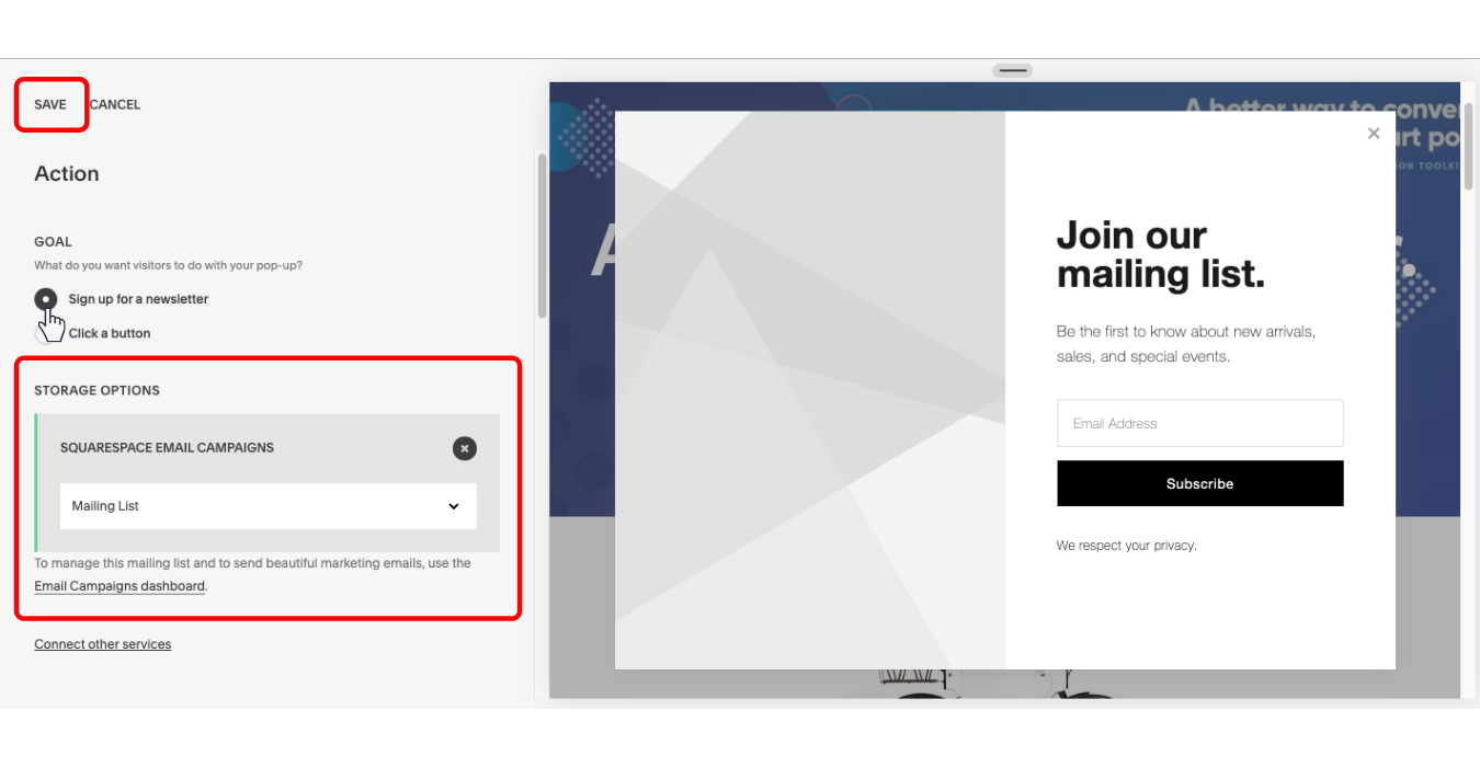 Decide on an action goal for your Squarespace pop-up window