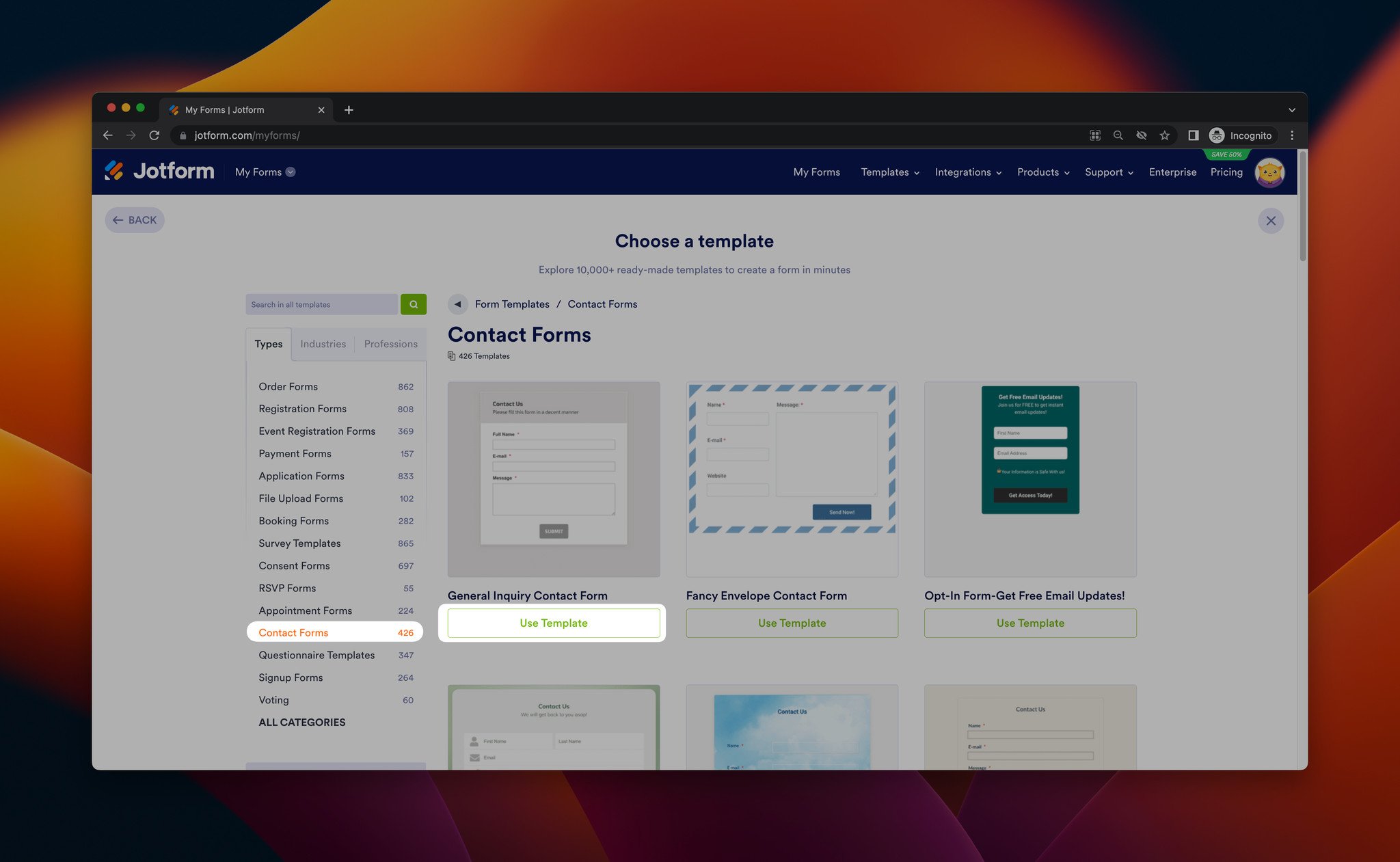 Jotform'da bir iletişim formu şablonu seçiminin ekran görüntüsü