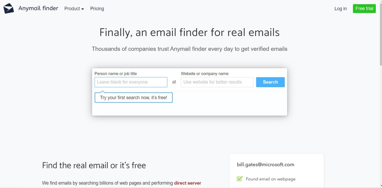 Anymail Finder ana sayfası