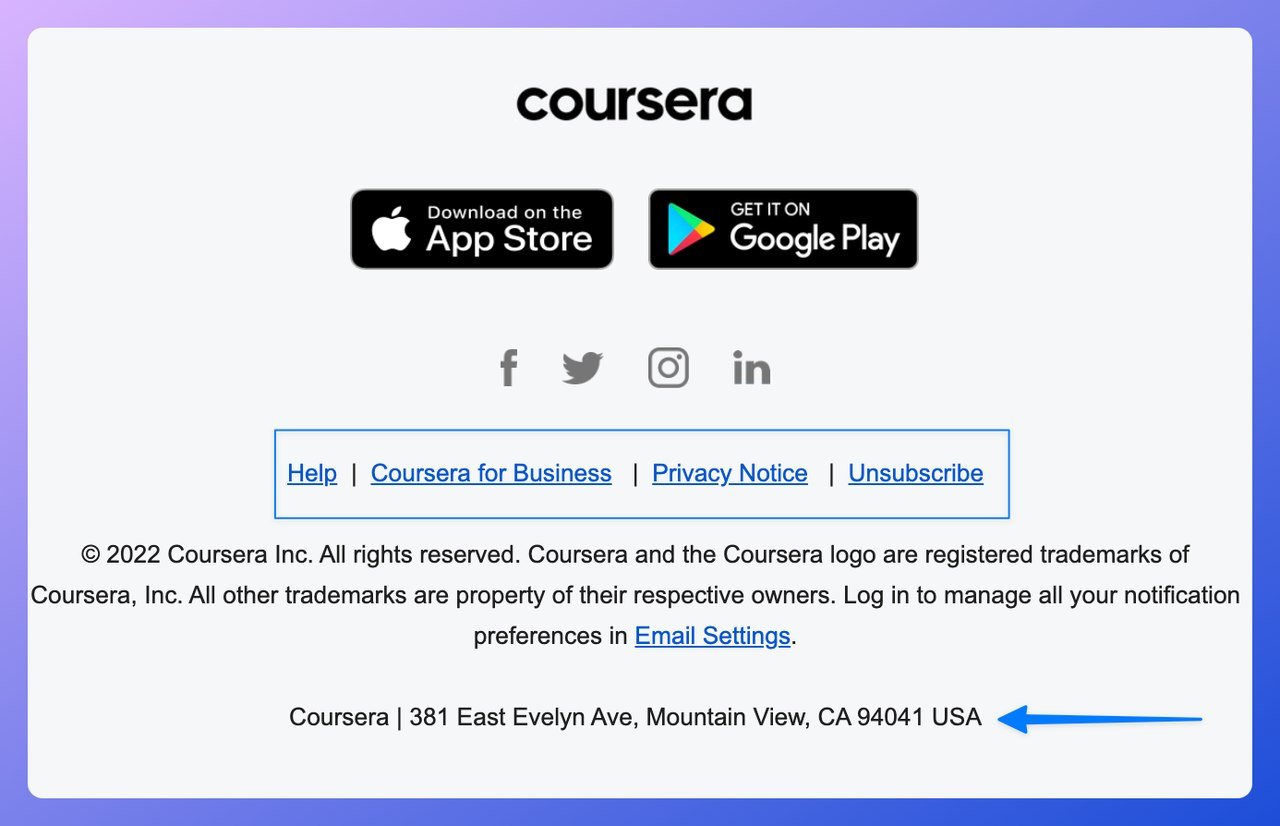 Coursera email footer showing company logo, registered office address, privacy notices, and app download links
