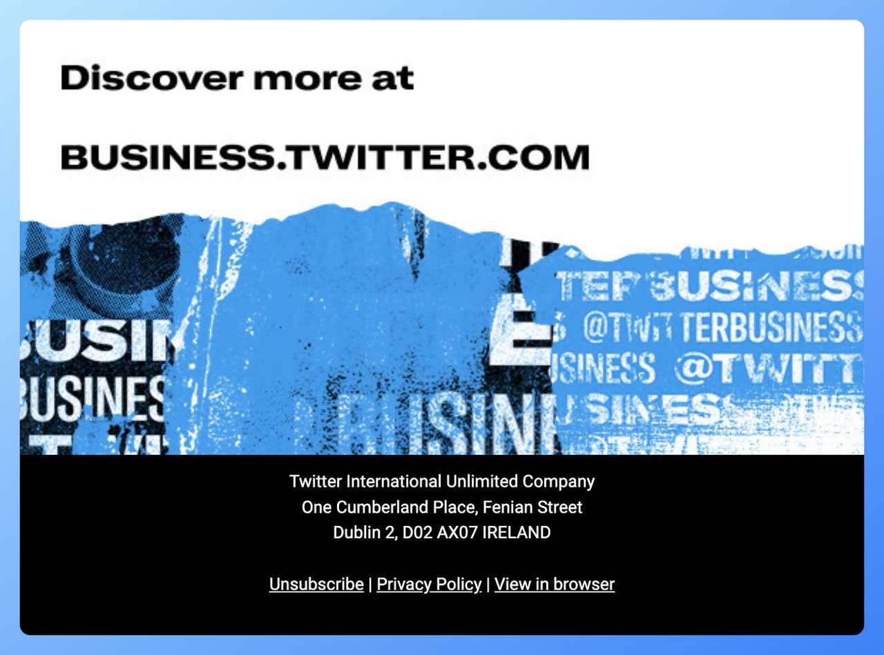 Twitter email footer with brand-aligned blue and white design promoting Twitter for Business
