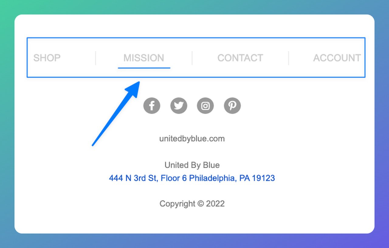 United By Blue email footer with links to the brand's ocean cleanup mission and company information