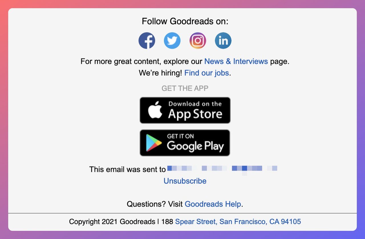 Goodreads email footer with job openings CTA and app download links for iPhone and Android
