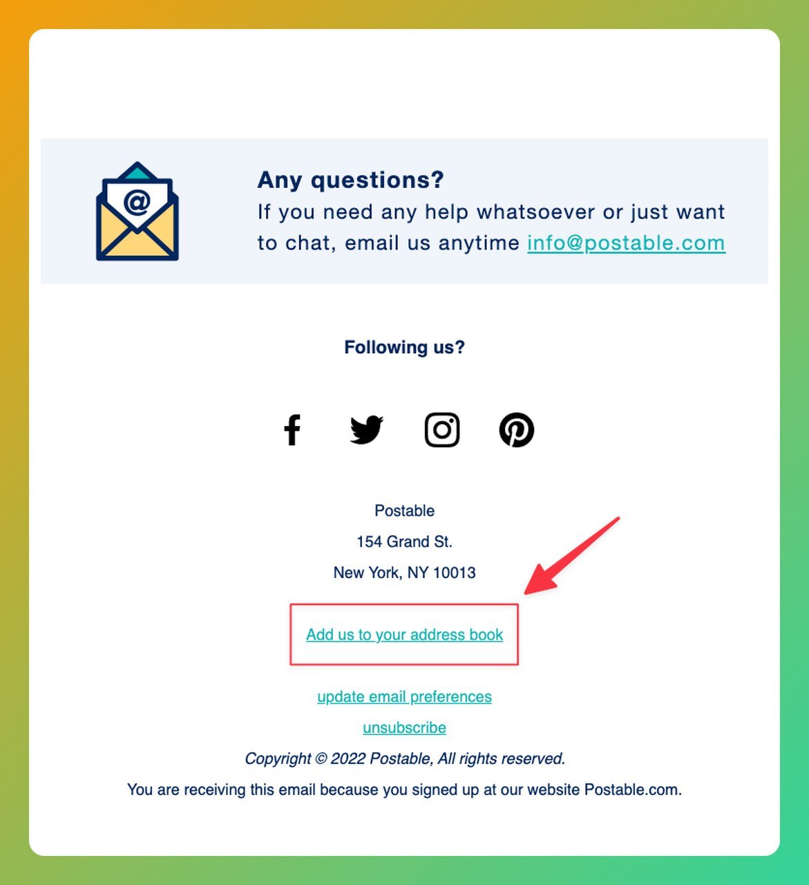 Postable email footer with legal information, unsubscribe link, and address book whitelist request