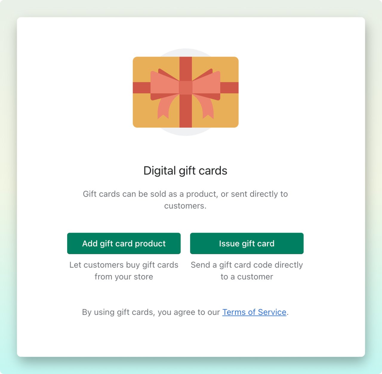 Shopify admin dashboard showing digital gift card page with ‘Add gift card product’ and ‘Issue gift card’ green CTA buttons