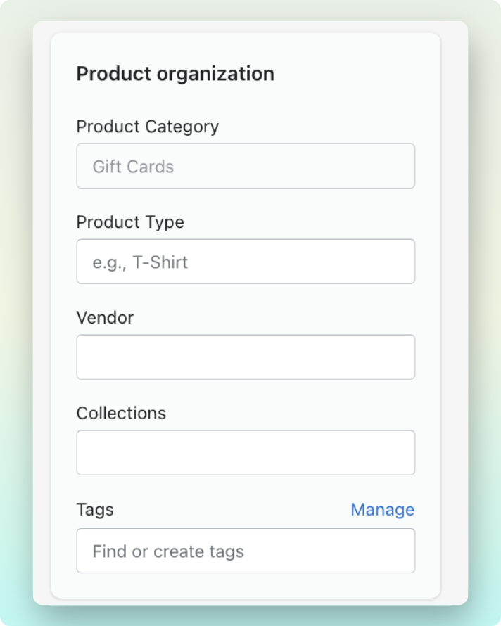 Product organization section to add product category, product type, vendor, collection and tags on Shopify admin dashboard gift cards page