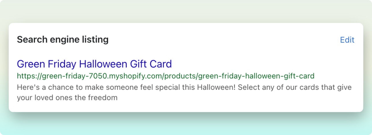 Shopify admin dashboard showing the search engine listing preview section on Shopify gift card creation page