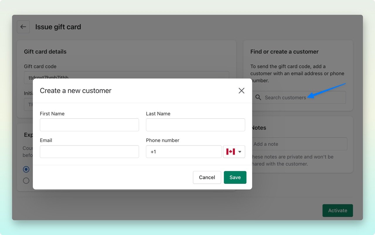 Shopify admin dashboard showing the "create a new customer" box asking for customer's name, email address and phone number