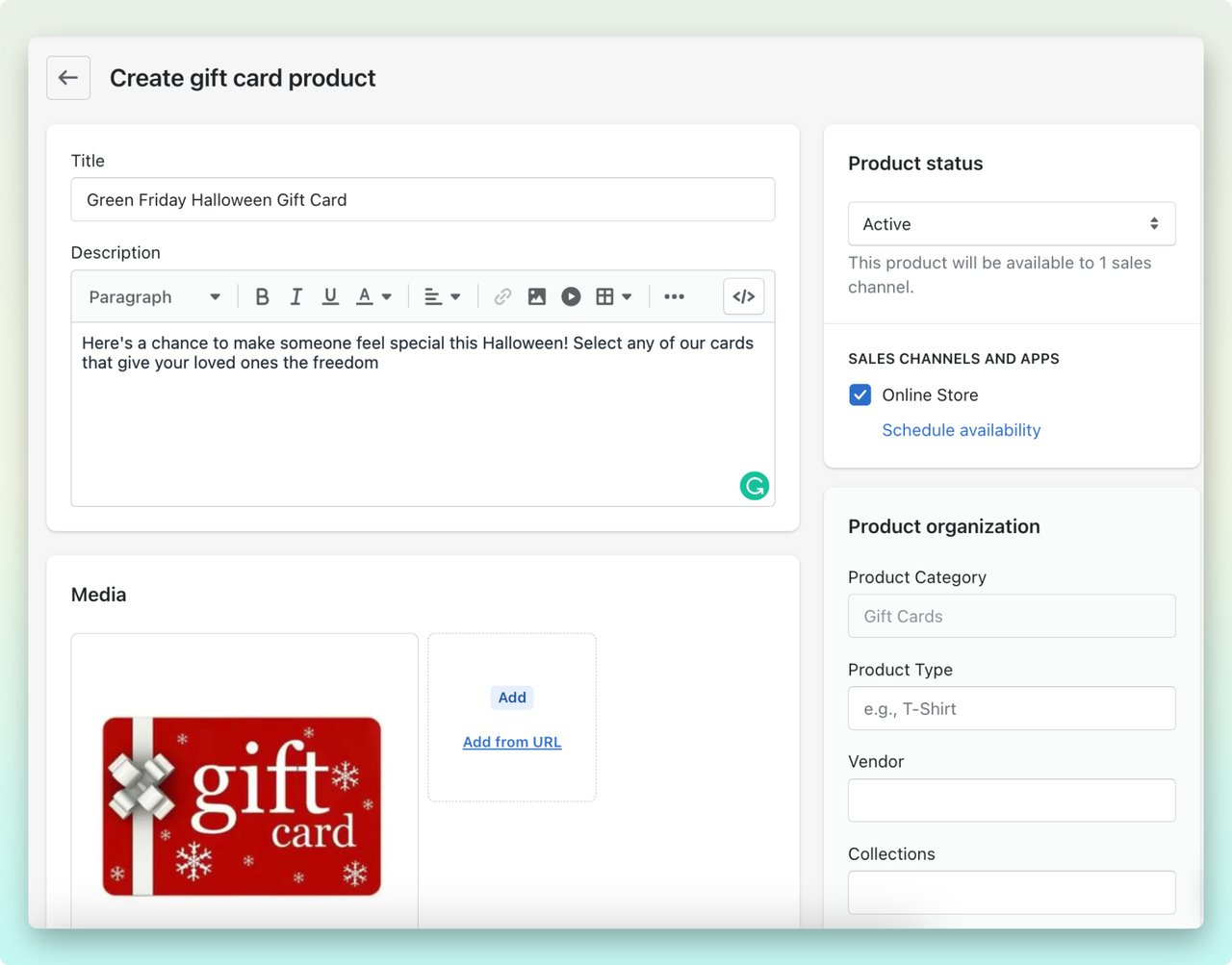 Shopify admin dashboard showing an example of gift card product creation process