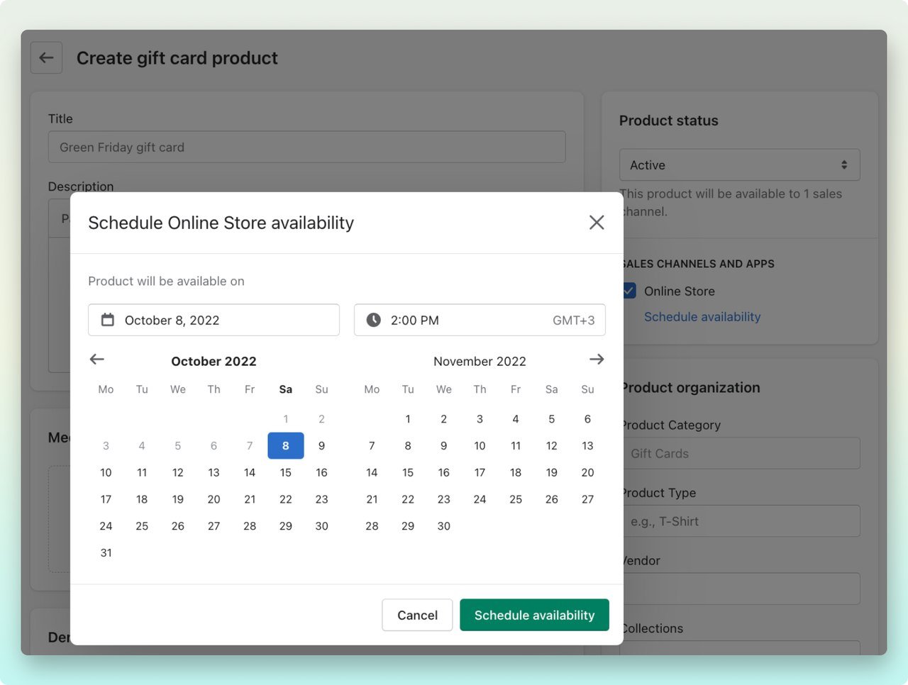 A calendar to schedule online store availability for gift cards on Shopify admin dashboard gift cards page