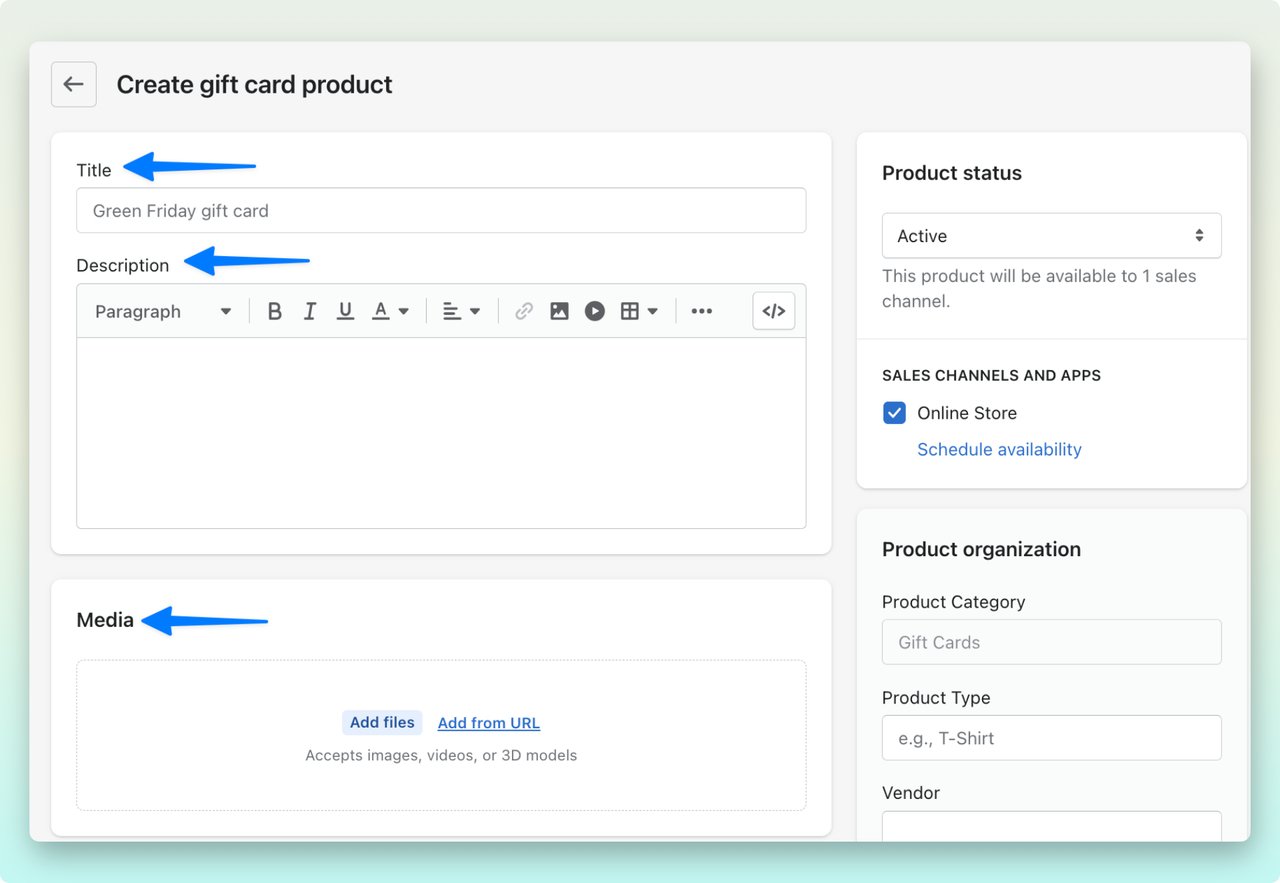 Shopify admin dashboard showing create gift card product page with Title, Description and Media section