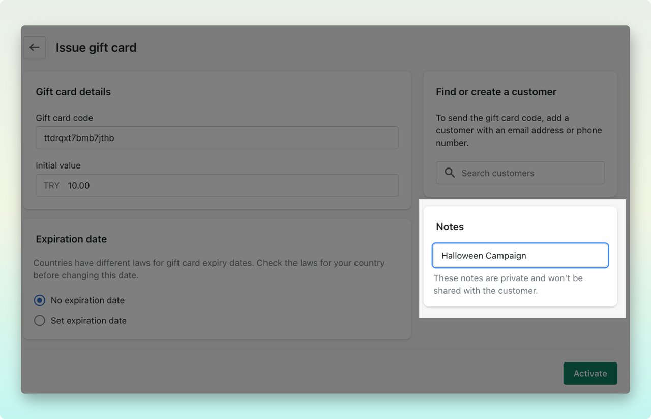 Shopify admin dashboard showing the issuing gift card page showing the note section