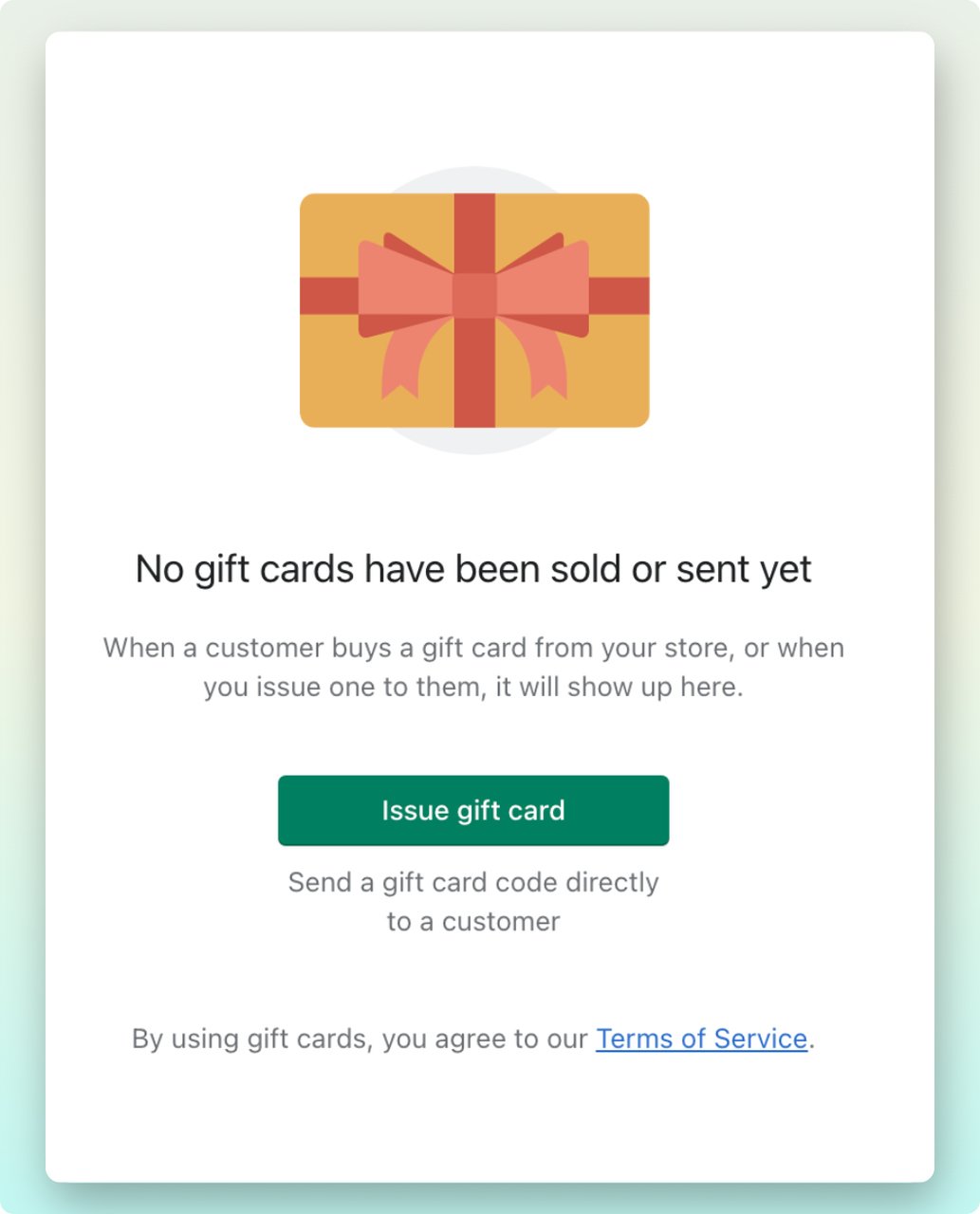 Shopify admin dashboard showing the gift card page to issue a gift card