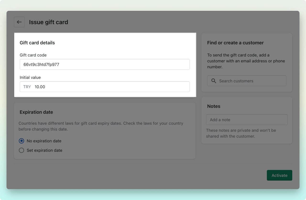 Shopify admin dashboard showing the page to issue a gift card with a unique gift card code and initial value box