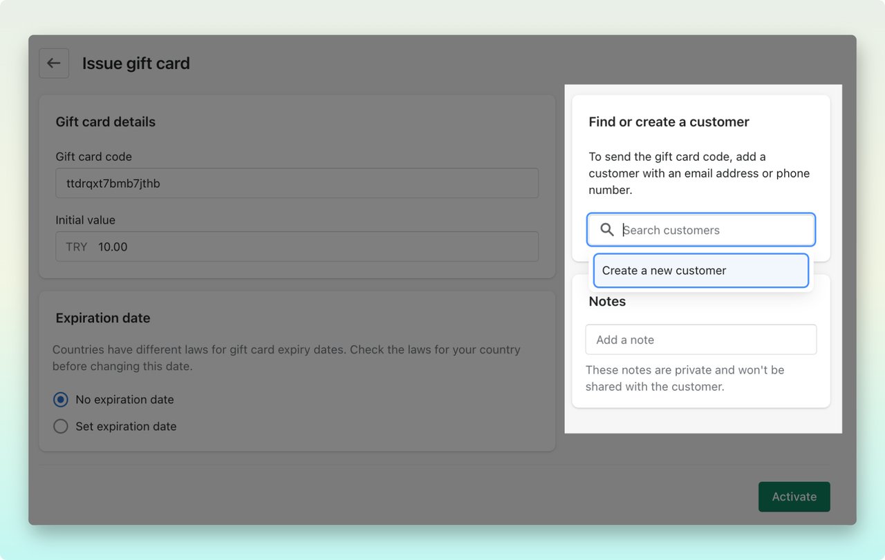 Shopify admin dashboard highlighting the "Find or create a new customer" section to issue the gift card