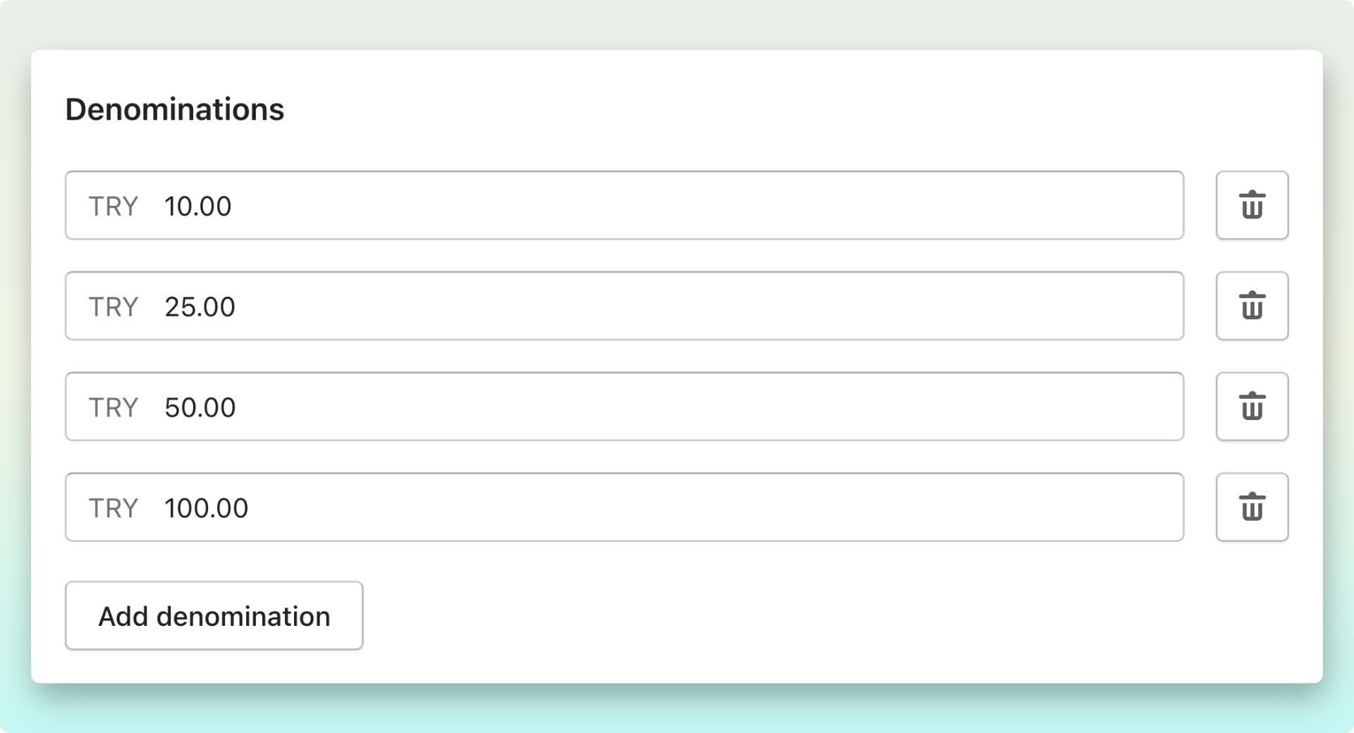 Shopify admin dashboard showing the Denominations section on Shopify gift card creation page