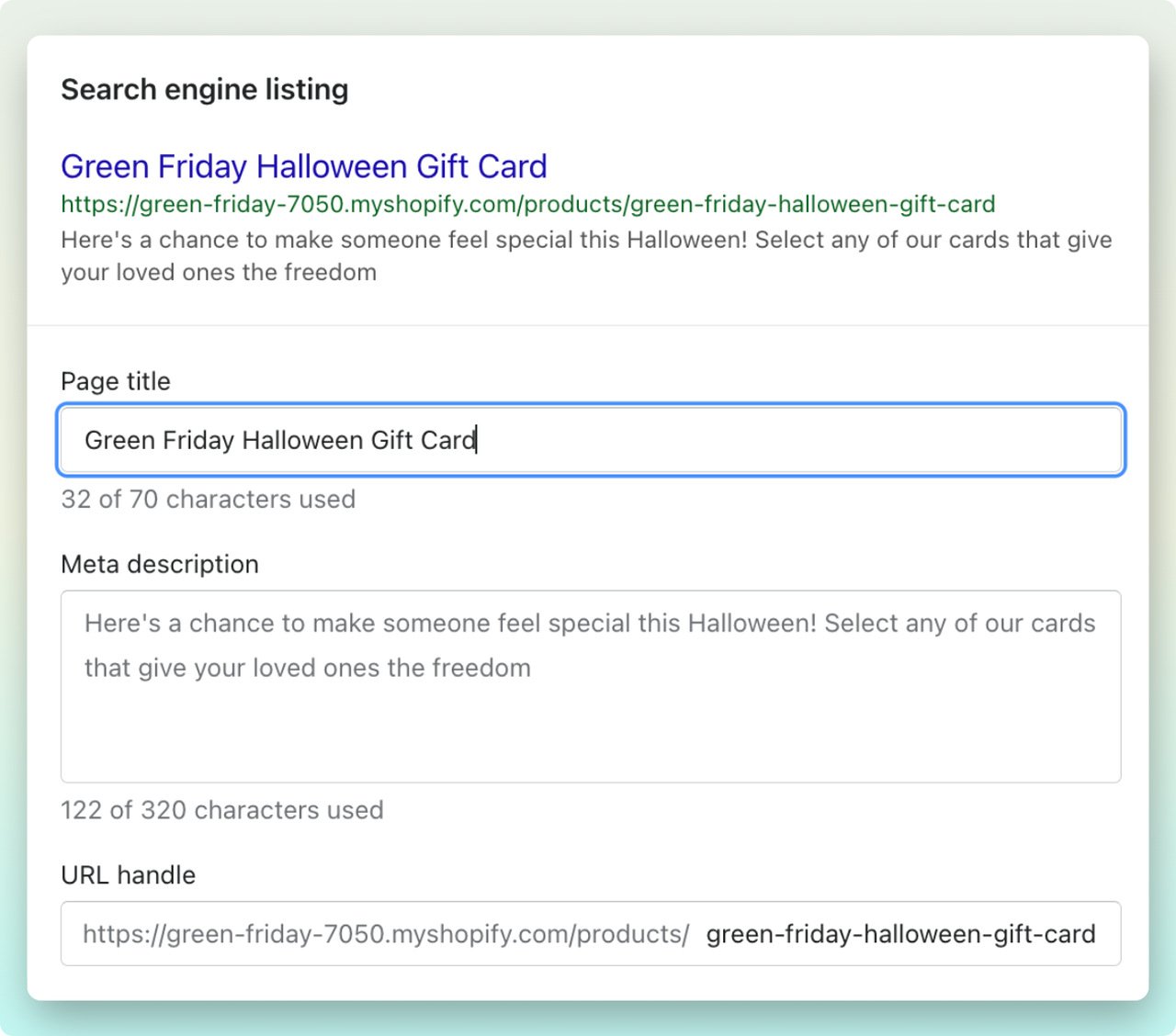 Shopify admin dashboard showing the search engine listing preview section with different sections to edit and customize