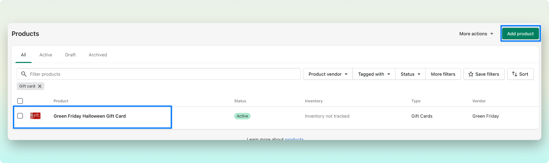 Shopify admin dashboard showing the existing Shopify gift cards