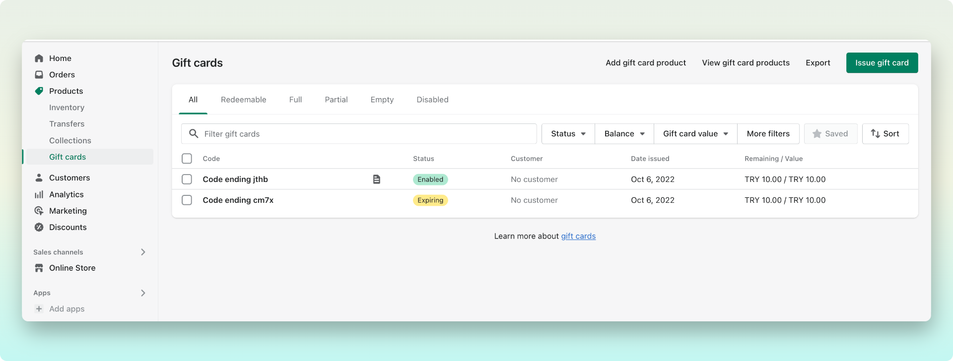Shopify admin dashboard showing the issued gift cards