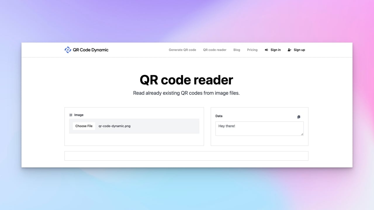 QRCodeDynamic'in QR Code Reader aracı ekran görüntüsü