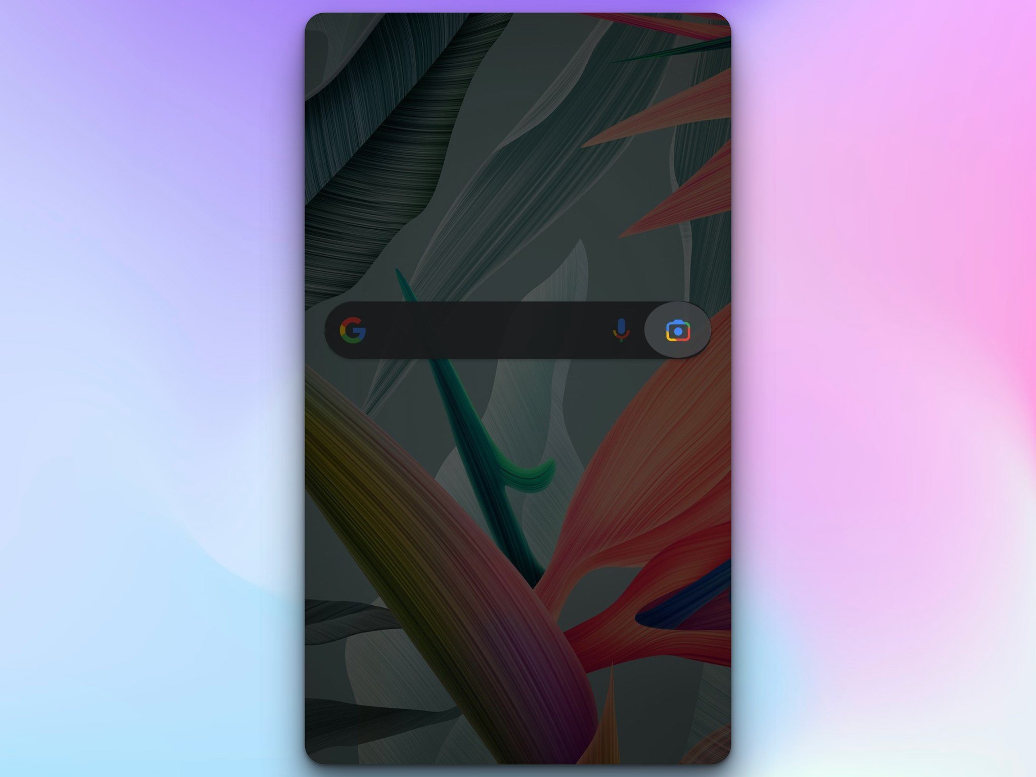 Çiçek desenli duvar kağıdıyla boş bir telefon ekranında Google arama çubuğu; kamera simgesi vurgulanmış