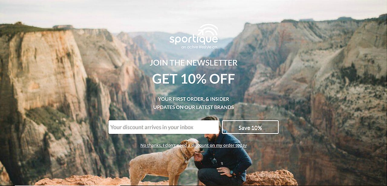 Sportique e-posta açılır pencere örneği