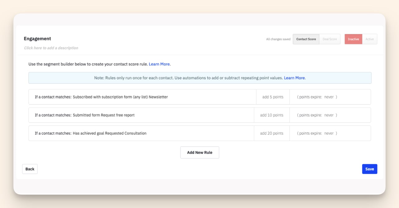 Lead scoring example for marketing automation strategies showing how to assign points to user actions and behaviors