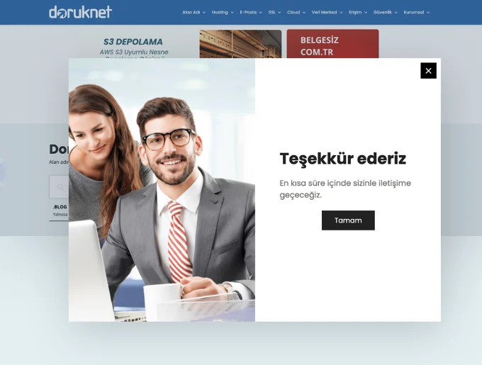 Doruknet thank you popup