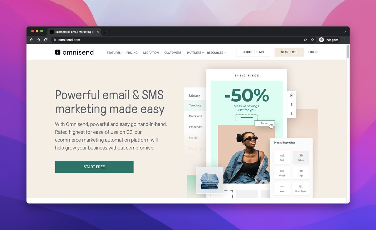 omnisend email template builder software homepage screenshot