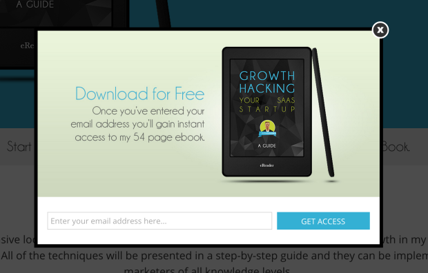 Growth Hacking e-kitabının çekici bir maket görselini kullanan Matthew Barby çıkış niyeti pop-up örneği
