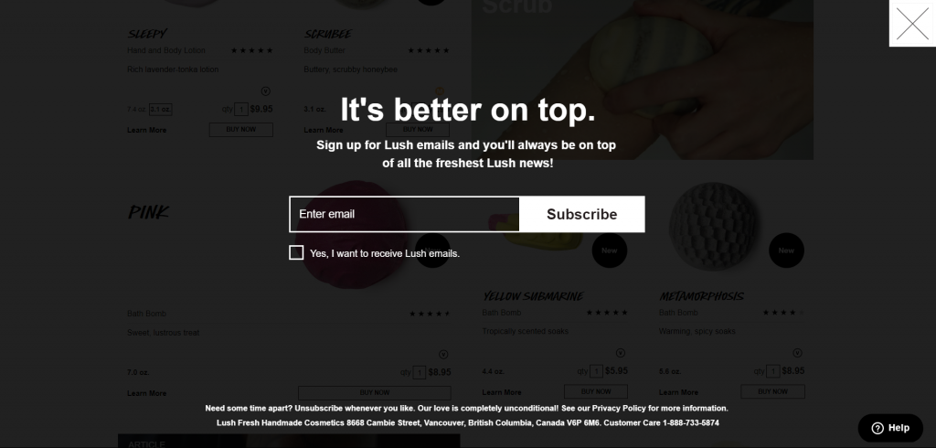 Lush.com tam ekran çıkış niyeti e-posta pop-up örneği
