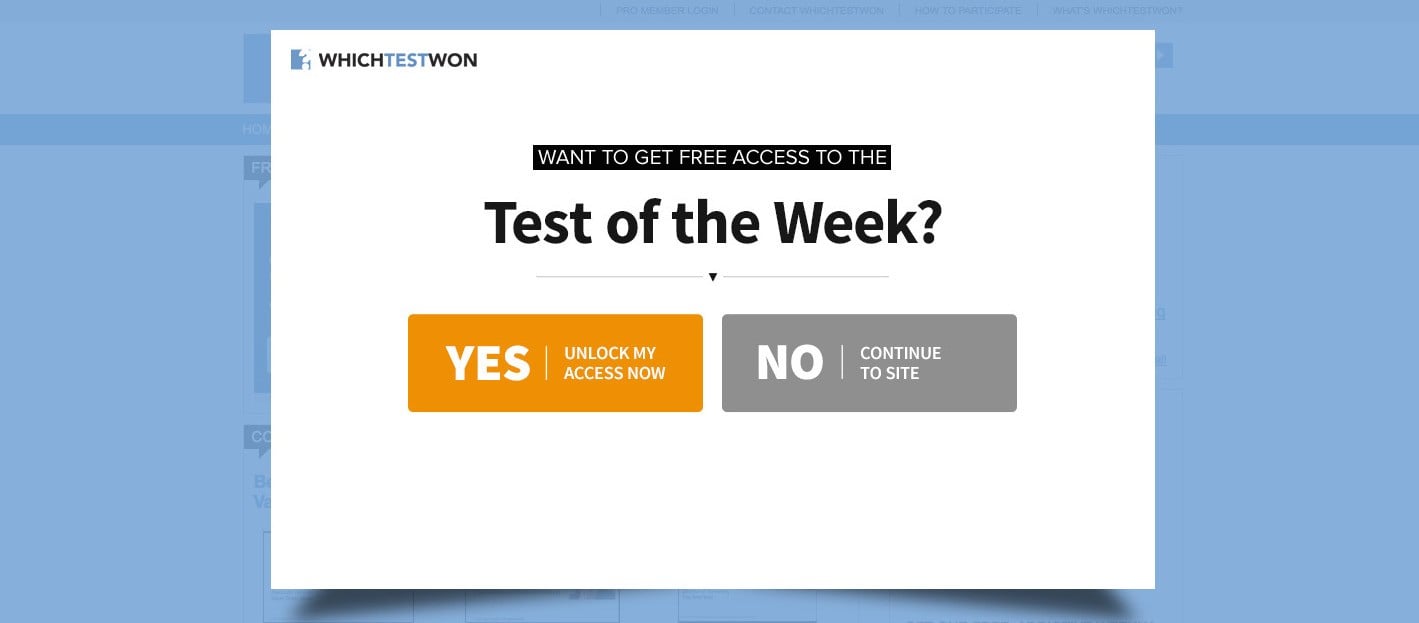 Değerini söyleyen sade ve dikkat çekici tasarımıyla Which Test Won çıkış niyeti pop-up örneği