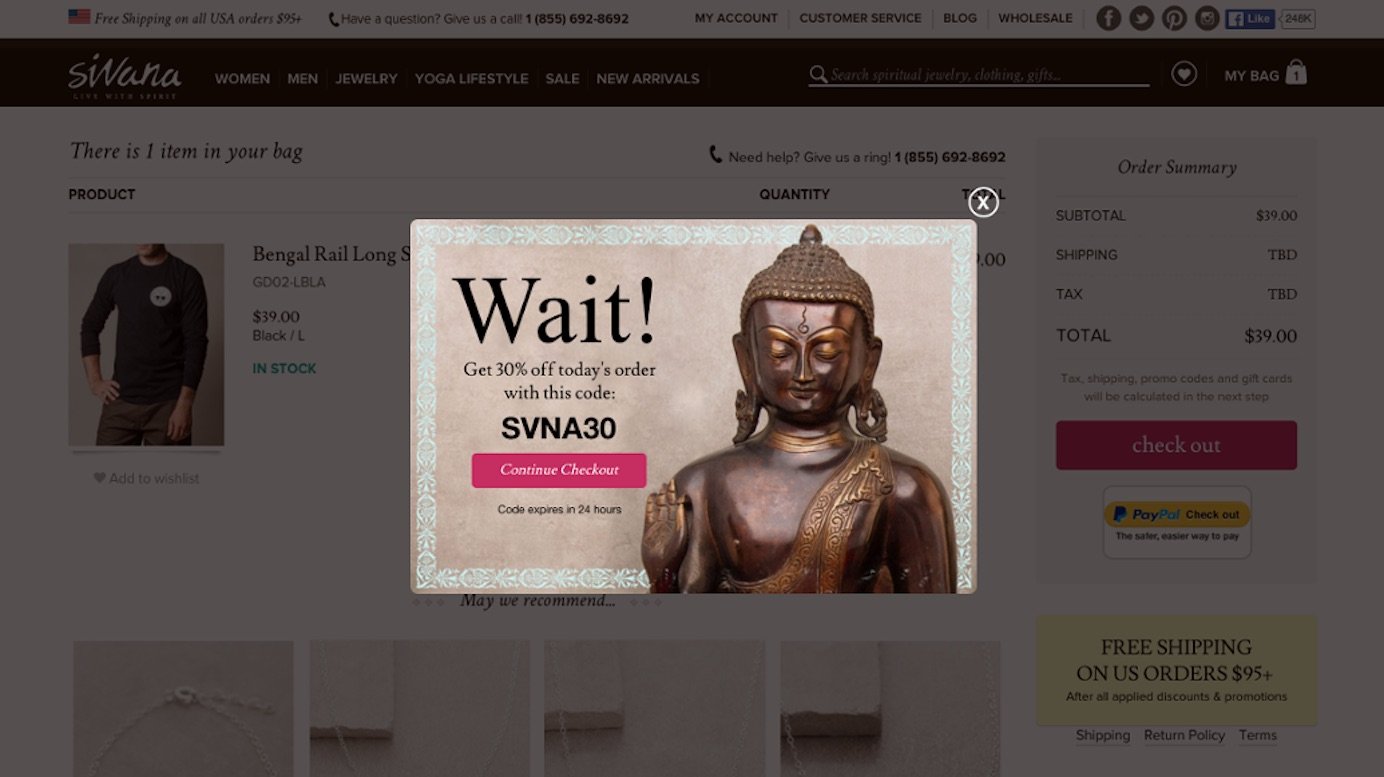 Ödeme sayfasından ayrılan kullanıcılara kupon kodu veren Sivana çıkış niyeti pop-up örneği