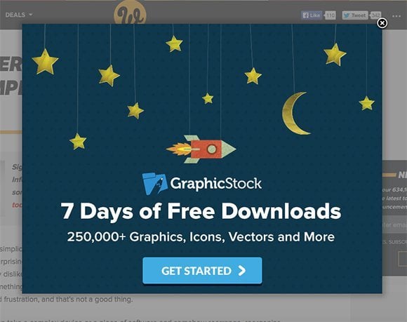 Ayrılan kullanıcılara yedi gün ücretsiz indirme sunan Graphic Stock çıkış niyeti pop-up örneği