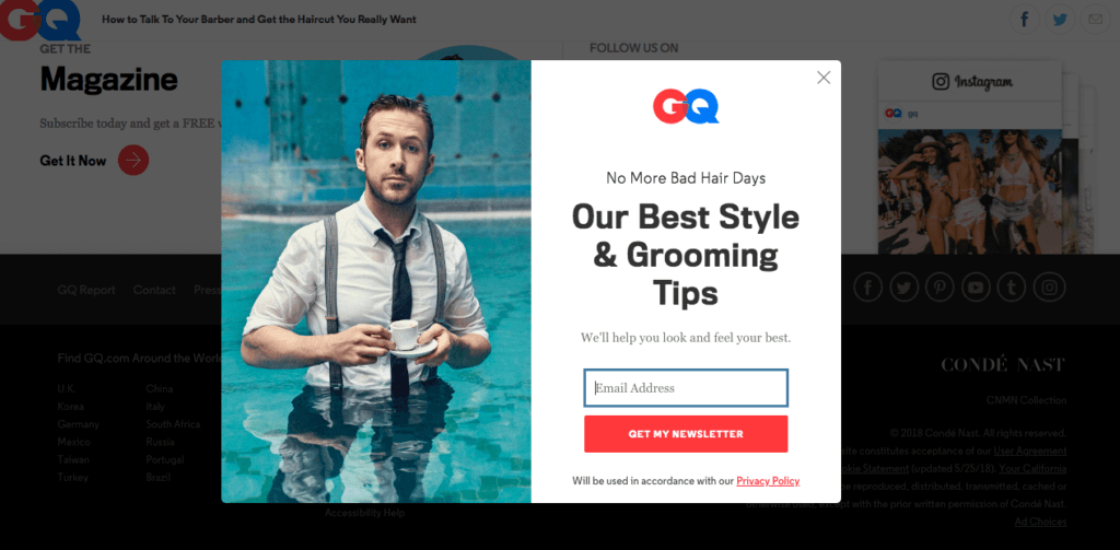 Ziyaretçileri segmentlere ayırıp belirli bir bültene abone olmaya çağıran GQ çıkış niyeti pop-up örneği