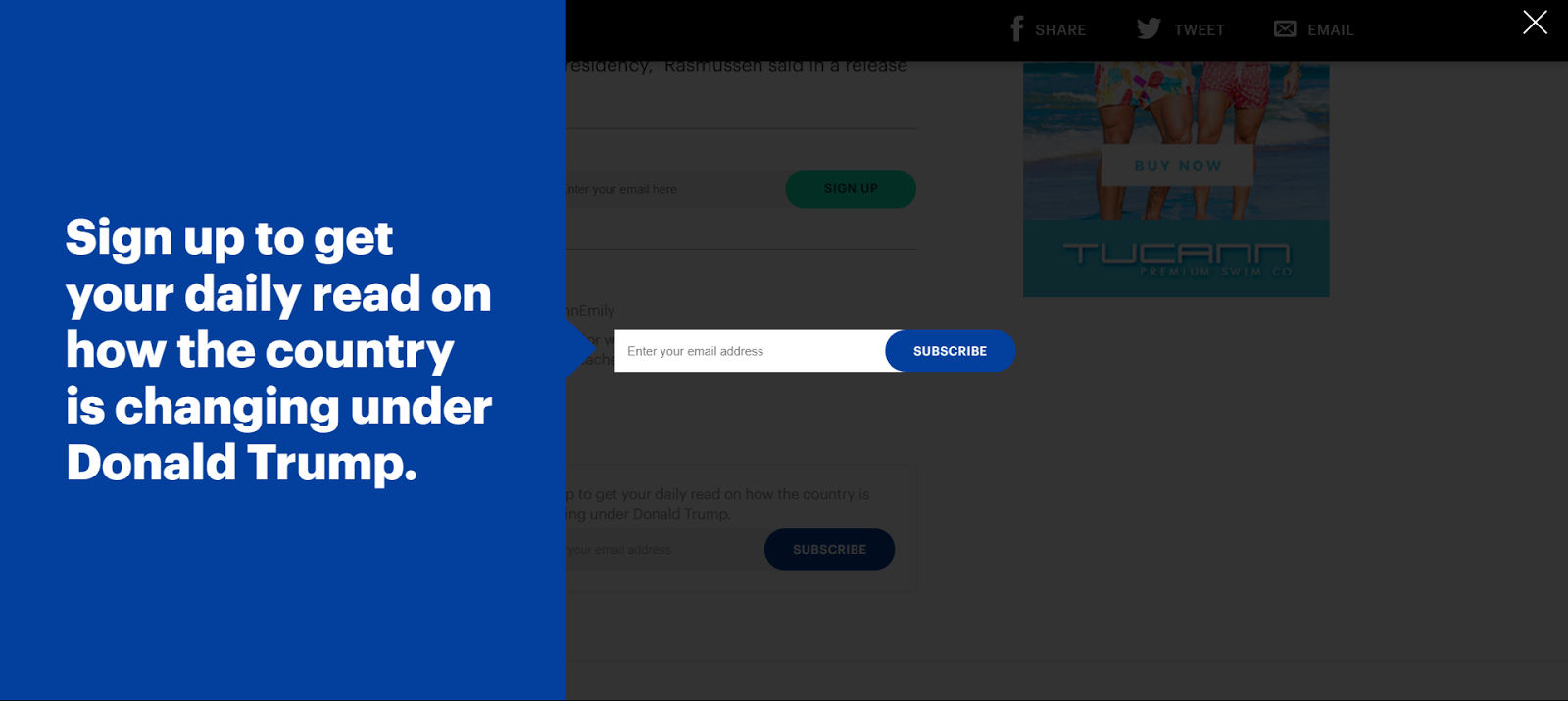 mic.com e-posta bülteni aboneliği için çıkış niyeti modal pop-up örneği
