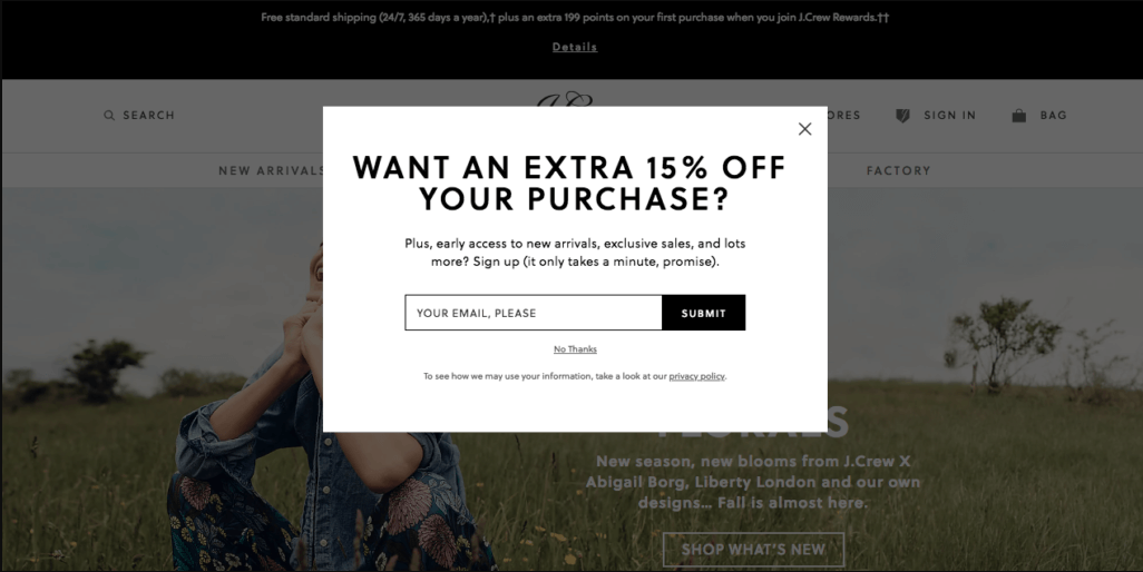 Küçültülmüş bir vazgeçme seçeneğiyle özel indirimlere erişim sunan J Crew çıkış niyeti e-posta pop-up'ı